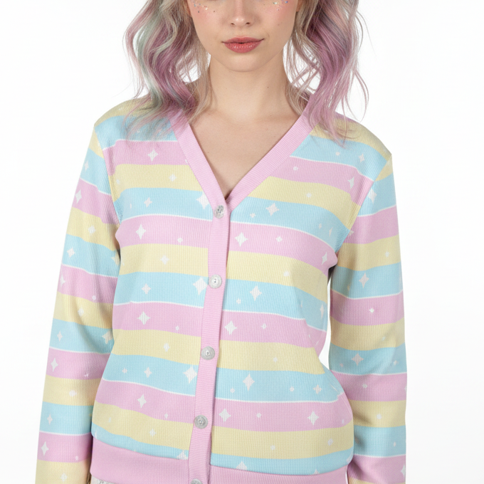 Fairy kei Yume kawaii Pastel Kawaii fashion Harajuku fashion jfashion pink yellow blue Magical girl Teatime Fantasy Rainbow Women's Ribbed Button Up Cardigan