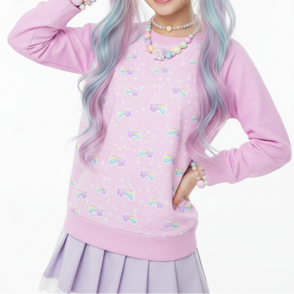 Fairy kei yume kawaii fashion jfashion Harajuku fashion style Japanese street fashion pastel pink Cutecore jojifuku heisei retro Bubblegum Bunny Shooting Stars Women's Round Neck Raglan Sleeve Casual Sweatshirt