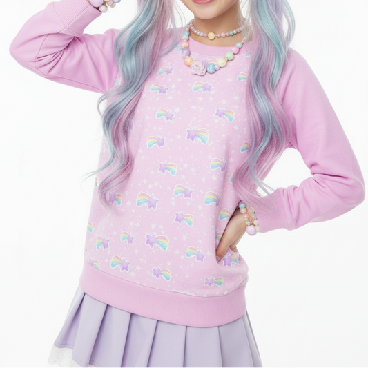 Fairy kei yume kawaii fashion jfashion Harajuku fashion style Japanese street fashion pastel pink Cutecore jojifuku heisei retro Bubblegum Bunny Shooting Stars Women's Round Neck Raglan Sleeve Casual Sweatshirt