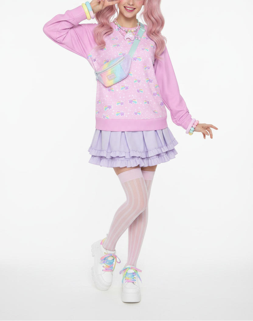 Fairy kei yume kawaii fashion jfashion Harajuku fashion style Japanese street fashion pastel pink Cutecore jojifuku heisei retro Bubblegum Bunny Shooting Stars Women's Round Neck Raglan Sleeve Casual Sweatshirt