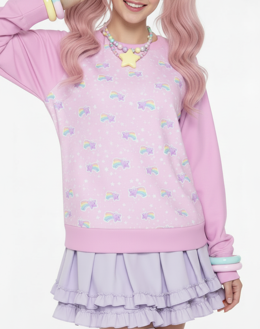 Fairy kei yume kawaii fashion jfashion Harajuku fashion style Japanese street fashion pastel pink Cutecore jojifuku heisei retro Bubblegum Bunny Shooting Stars Women's Round Neck Raglan Sleeve Casual Sweatshirt