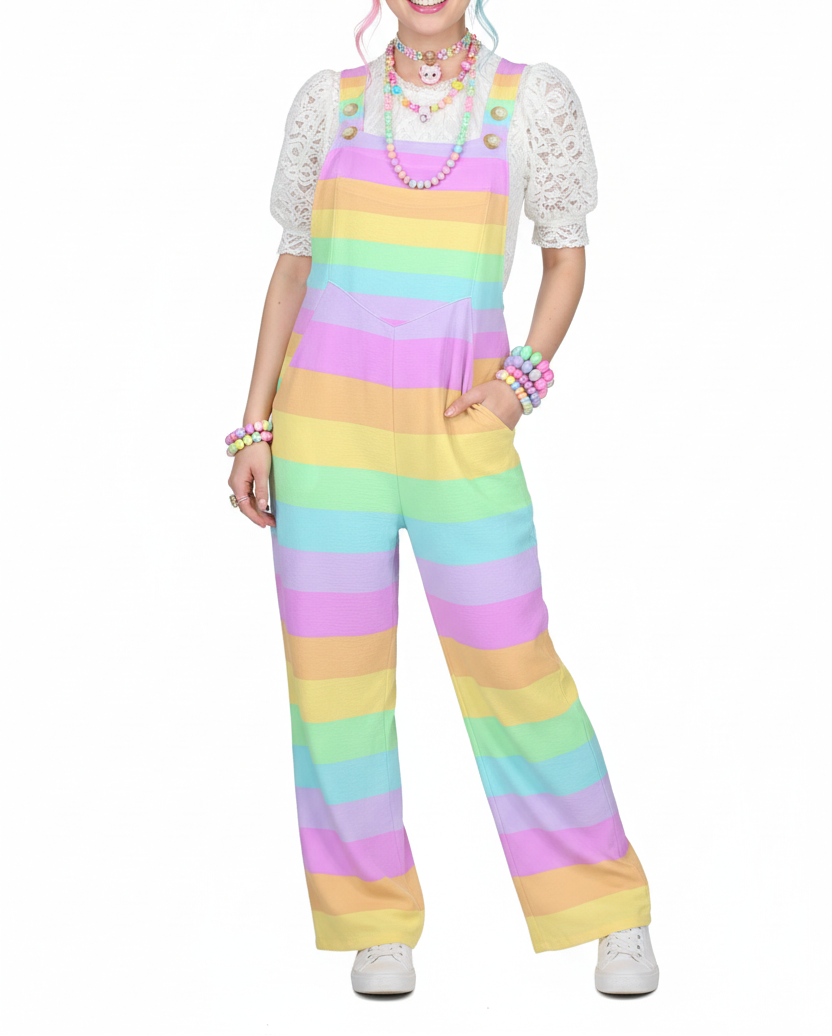 kawaii fashion pastel rainbow overalls jumpsuit harajuku fashion jfashion decora kei pop kei yumekawaii cutecore