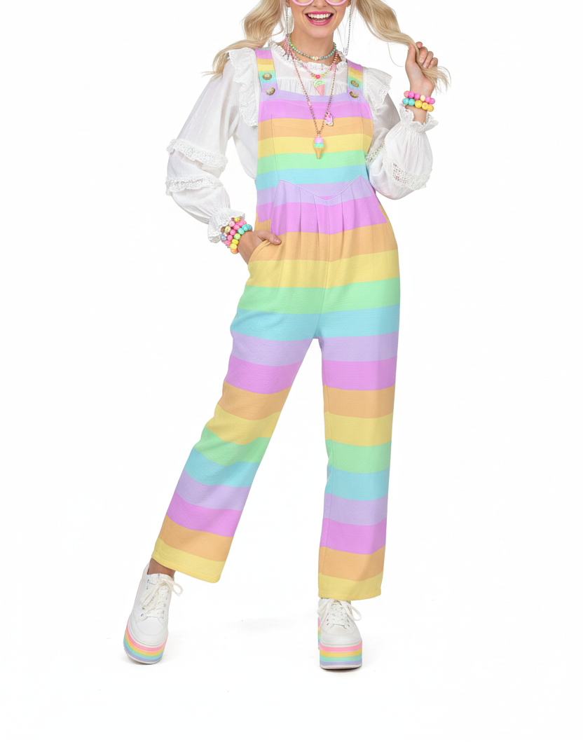 kawaii fashion pastel rainbow overalls jumpsuit harajuku fashion jfashion decora kei pop kei yumekawaii cutecore