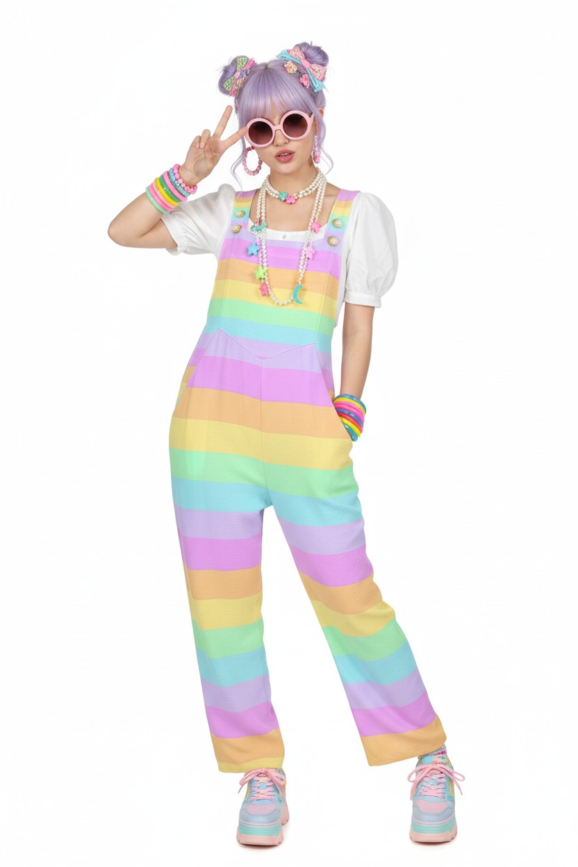 kawaii fashion pastel rainbow overalls jumpsuit harajuku fashion jfashion decora kei pop kei yumekawaii cutecore