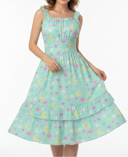 Kawaii Cute Magical Spring Mint Sleeveless Square Neck Ruffle Hem Midi Dress Summer Sun
