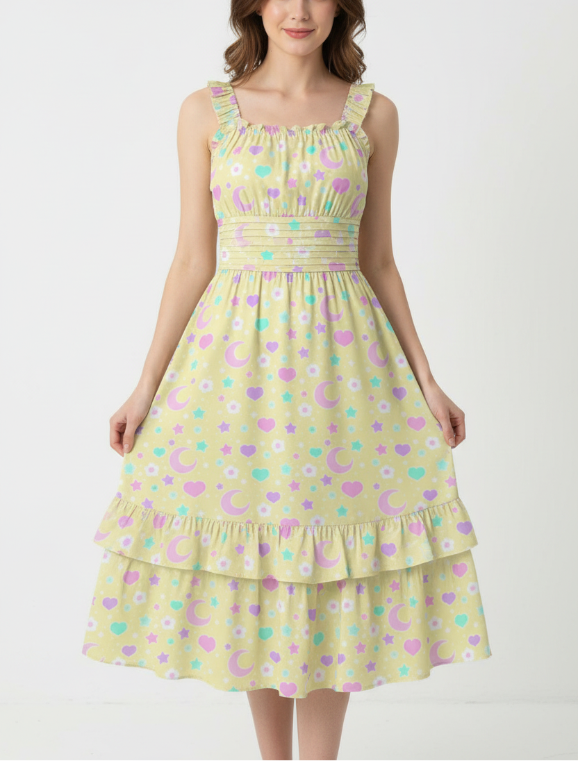 Kawaii Cute Magical Spring Yellow Sleeveless Square Neck Ruffle Hem Midi Dress Summer Sun Dopamine dressing
