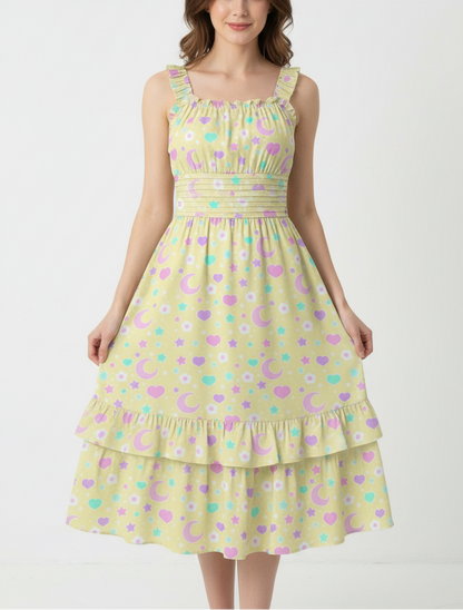 Kawaii Cute Magical Spring Yellow Sleeveless Square Neck Ruffle Hem Midi Dress Summer Sun Dopamine dressing