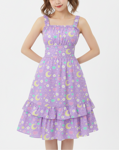 Kawaii Cute Summer Pastel Magical Spring Purple Sleeveless Square Neck Ruffle Hem Midi Dress Harajuku fashion jfashion