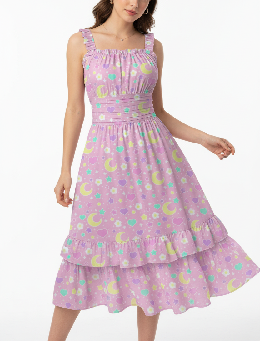Kawaii Cute Summer dress sun dress Magical Spring Pink Sleeveless Square Neck Ruffle Hem Midi Dress Dopamine dressing 