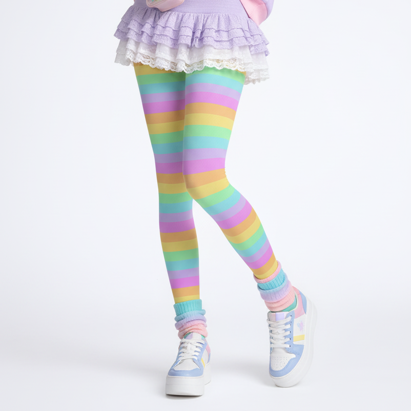 Kawaii Cutecore Cute Jojifuku Harajuku fashion jfashion Fruity Rainbow Stretchy Tights (Color Block) pastel rainbow