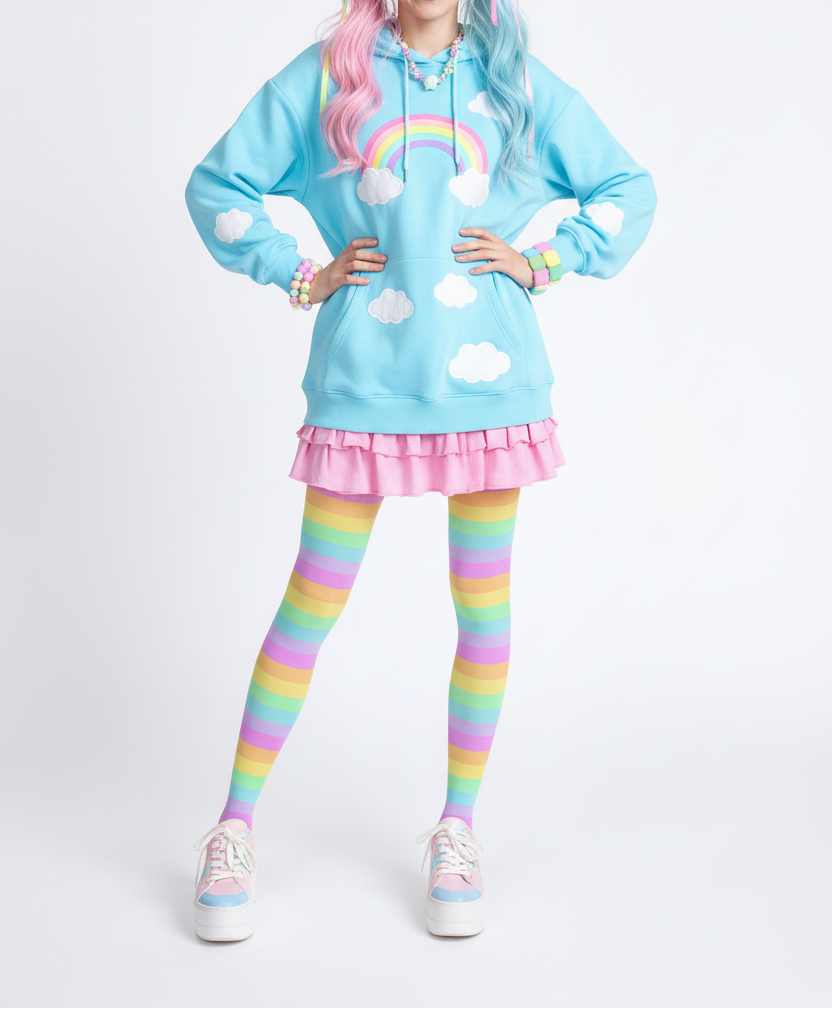 Kawaii Cutecore Cute Jojifuku Harajuku fashion jfashion Fruity Rainbow Stretchy Tights (Color Block) pastel rainbow