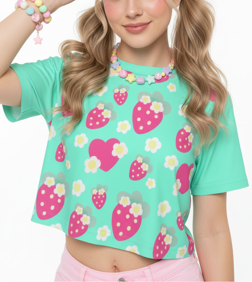 Kawaii cute cutecore strawberry crop top t-shirt flowers mint green jojifuku Harajuku fashion style jfashion alt fashion