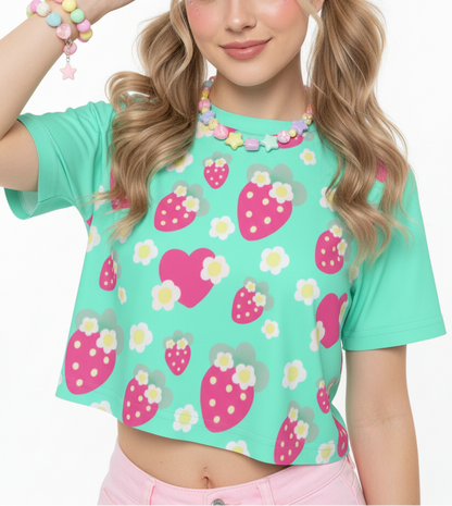 Kawaii cute cutecore strawberry crop top t-shirt flowers mint green jojifuku Harajuku fashion style jfashion alt fashion