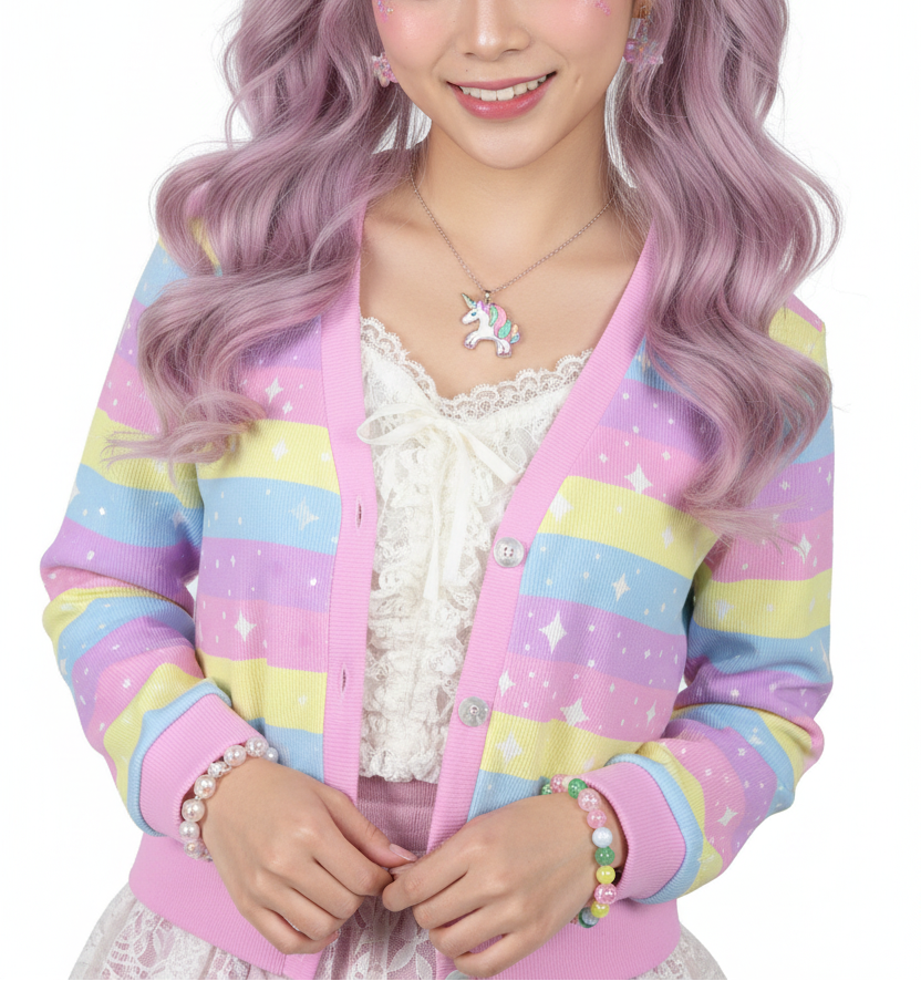 Kawaii Cutecore jojifuku fairy kei Yume kawaii Harajuku fashion jfashion Rainbow Ribbon Women's Ribbed Button Up Cardigan pastel rainbow stars sparkles