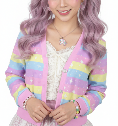 Kawaii Cutecore jojifuku fairy kei Yume kawaii Harajuku fashion jfashion Rainbow Ribbon Women's Ribbed Button Up Cardigan pastel rainbow stars sparkles