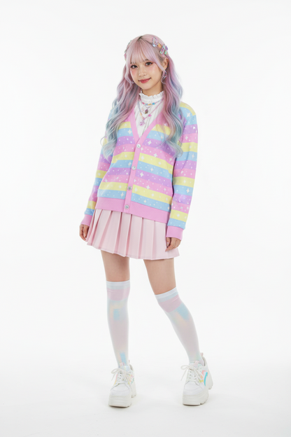 Kawaii Cutecore jojifuku fairy kei Yume kawaii Harajuku fashion jfashion Rainbow Ribbon Women's Ribbed Button Up Cardigan pastel rainbow stars sparkles