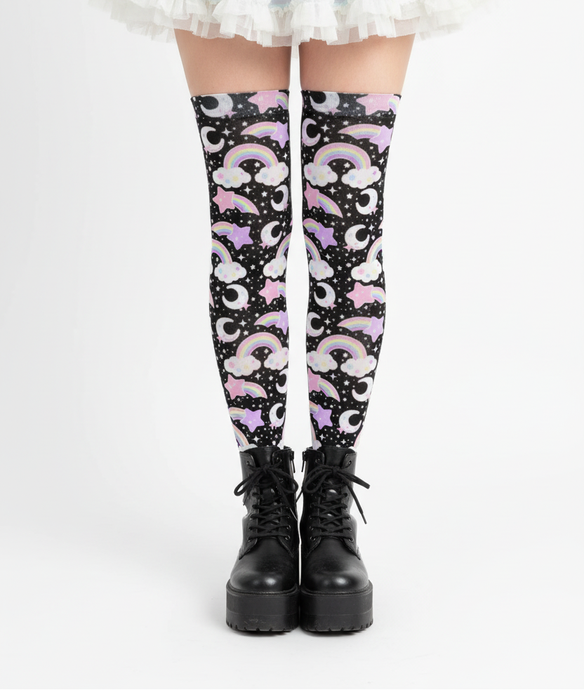 Kawaii Fairy kei yume kawaii jojifuku jfashion cutecore Dreamy Rainbow Over Knee Stocking Socks (Black) harajuku jfashion shooting stars clouds moons cute