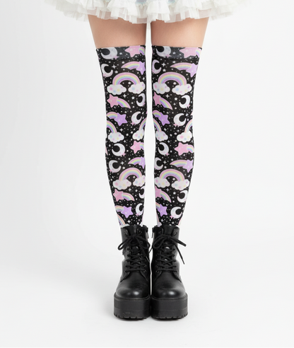 Kawaii Fairy kei yume kawaii jojifuku jfashion cutecore Dreamy Rainbow Over Knee Stocking Socks (Black) harajuku jfashion shooting stars clouds moons cute