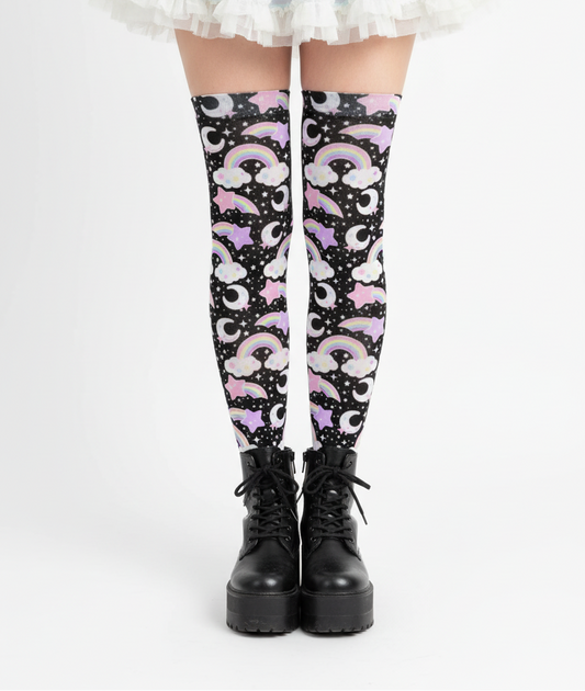 Kawaii Fairy kei yume kawaii jojifuku jfashion cutecore Dreamy Rainbow Over Knee Stocking Socks (Black) harajuku jfashion shooting stars clouds moons cute
