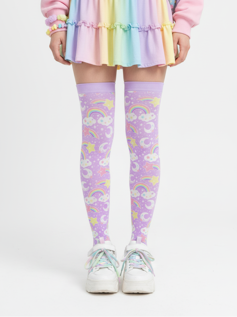 Kawaii Fairy kei yume kawaii jojifuku jfashion cutecore Dreamy Rainbow Over Knee Stocking Socks (Purple) harajuku jfashion shooting stars clouds moons cute