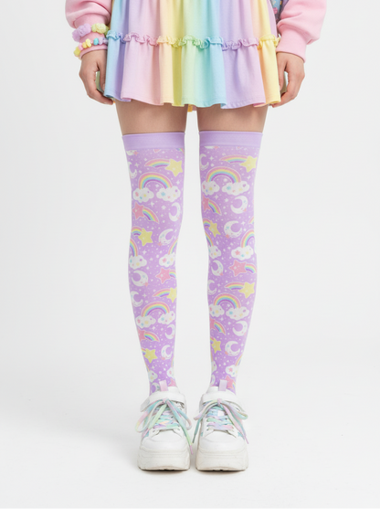 Kawaii Fairy kei yume kawaii jojifuku jfashion cutecore Dreamy Rainbow Over Knee Stocking Socks (Purple) harajuku jfashion shooting stars clouds moons cute