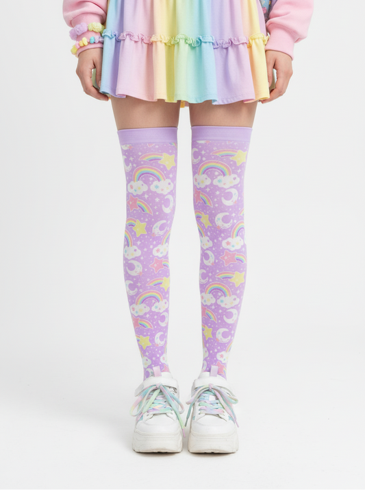 Kawaii Fairy kei yume kawaii jojifuku jfashion cutecore Dreamy Rainbow Over Knee Stocking Socks (Purple) harajuku jfashion shooting stars clouds moons cute