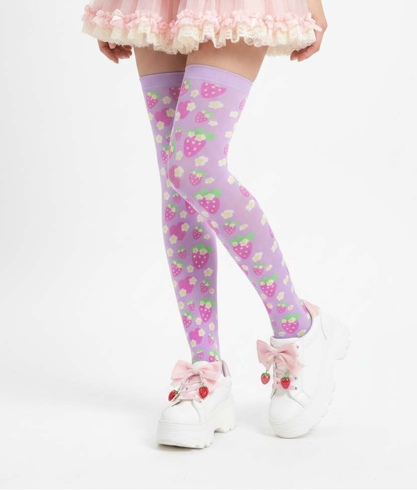 Kawaii Fairy kei yume kawaii jojifuku jfashion cutecore harajuku jfashion cute pantyhose decora kei Strawberry Cutie Over Knee Stocking Socks (Fruity Berry Purple)
