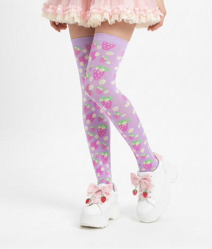 Kawaii Fairy kei yume kawaii jojifuku jfashion cutecore harajuku jfashion cute pantyhose decora kei Strawberry Cutie Over Knee Stocking Socks (Fruity Berry Purple)