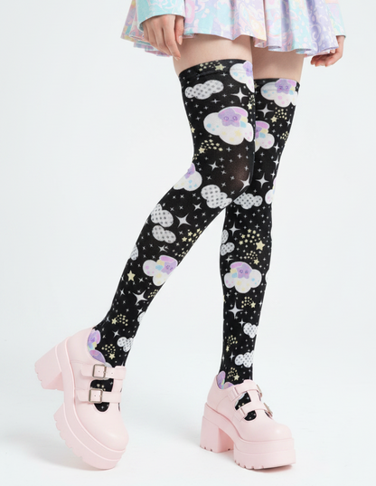 Kawaii Fairy kei yume kawaii jojifuku jfashion cutecore harajuku jfashion moons cute Shooting Star Clouds Over Knee Stocking Socks (Black) Harajuku fashion socks pantyhose footed tights stars sparkle