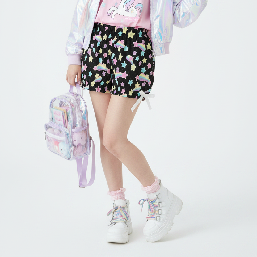 Kawaii Harajuku fashion Jfashion Japanese street fashion Decora kei uchuu kei  fairy kei yume kawaii Cutecore jojifuku heisei retro era Starry Party Rainbow Bloomer Shorts Black Pastel rainbow style cute stars dopamine dressing colorful 