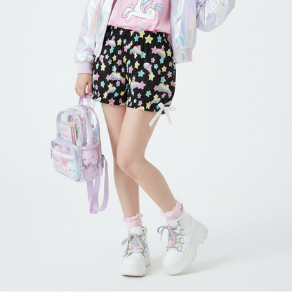 Kawaii Harajuku fashion Jfashion Japanese street fashion Decora kei uchuu kei  fairy kei yume kawaii Cutecore jojifuku heisei retro era Starry Party Rainbow Bloomer Shorts Black Pastel rainbow style cute stars dopamine dressing colorful 