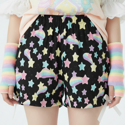 Kawaii Harajuku fashion Jfashion Japanese street fashion Decora kei uchuu kei  fairy kei yume kawaii Cutecore jojifuku heisei retro era Starry Party Rainbow Bloomer Shorts Black Pastel rainbow style cute stars dopamine dressing colorful 