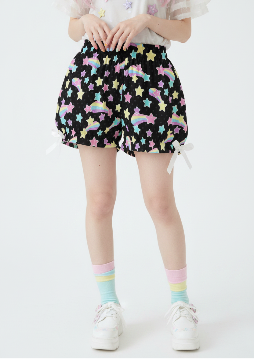 Kawaii Harajuku fashion Jfashion Japanese street fashion Decora kei uchuu kei  fairy kei yume kawaii Cutecore jojifuku heisei retro era Starry Party Rainbow Bloomer Shorts Black Pastel rainbow style cute stars dopamine dressing colorful 