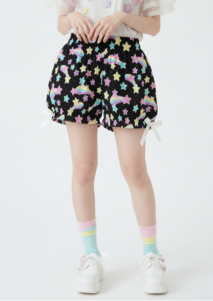 Kawaii Harajuku fashion Jfashion Japanese street fashion Decora kei uchuu kei  fairy kei yume kawaii Cutecore jojifuku heisei retro era Starry Party Rainbow Bloomer Shorts Black Pastel rainbow style cute stars dopamine dressing colorful 