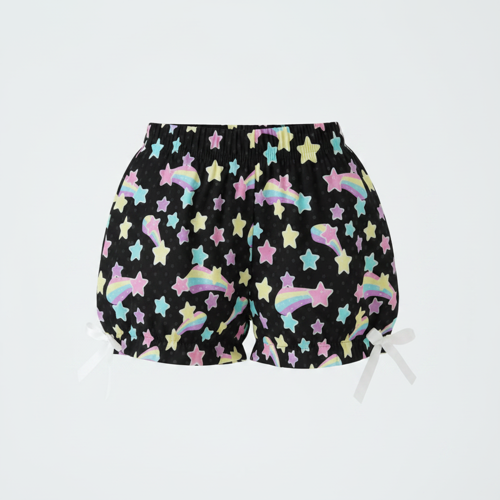 Kawaii Harajuku fashion Jfashion Japanese street fashion Decora kei uchuu kei  fairy kei yume kawaii Cutecore jojifuku heisei retro era Starry Party Rainbow Bloomer Shorts Black Pastel rainbow style cute stars dopamine dressing colorful 