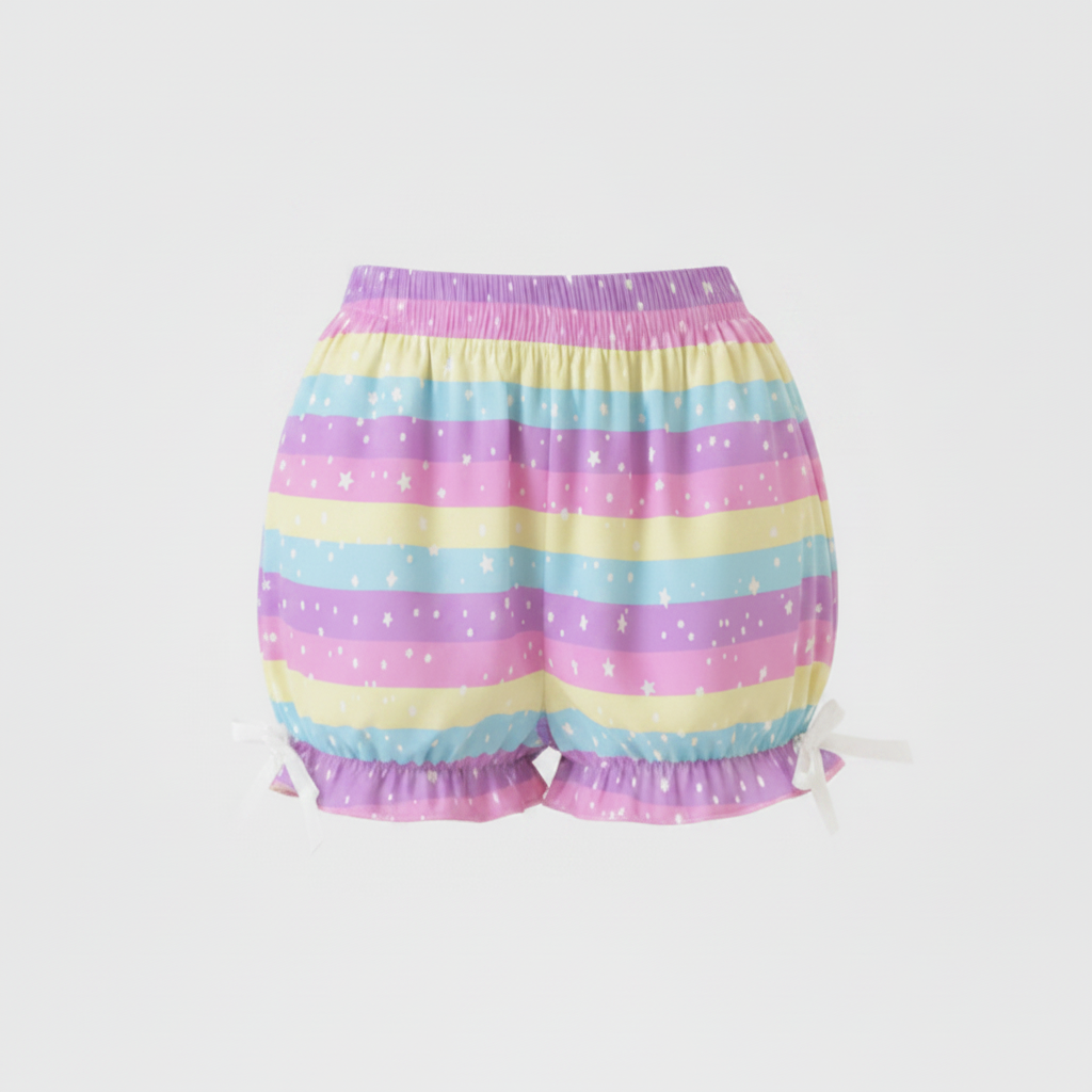 Kawaii Harajuku fashion Jfashion Japanese street fashion Decora kei uchuu kei  fairy kei yume kawaii Cutecore jojifuku heisei retro era Starry Party Rainbow Bloomer Shorts Pastel rainbow style cute stars dopamine dressing colorful 