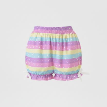 Kawaii Harajuku fashion Jfashion Japanese street fashion Decora kei uchuu kei  fairy kei yume kawaii Cutecore jojifuku heisei retro era Starry Party Rainbow Bloomer Shorts Pastel rainbow style cute stars dopamine dressing colorful 