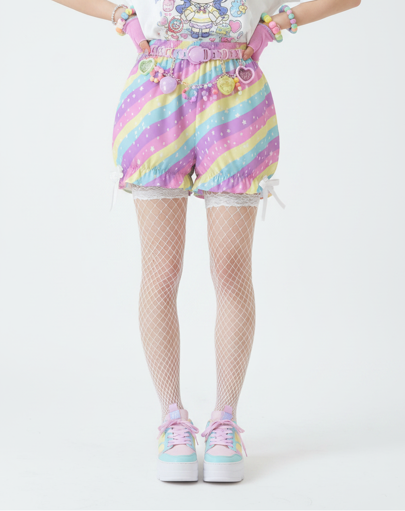 Kawaii Harajuku fashion Jfashion Japanese street fashion Decora kei uchuu kei  fairy kei yume kawaii Cutecore jojifuku heisei retro era colorful Starry Party Rainbow Bloomer Shorts Pastel rainbow style cute stars dopamine dressing shooting stars
