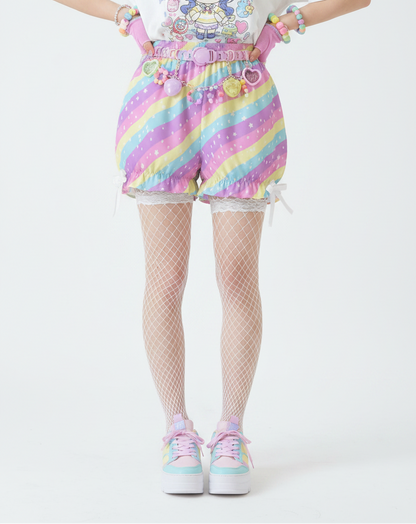 Kawaii Harajuku fashion Jfashion Japanese street fashion Decora kei uchuu kei  fairy kei yume kawaii Cutecore jojifuku heisei retro era colorful Starry Party Rainbow Bloomer Shorts Pastel rainbow style cute stars dopamine dressing shooting stars