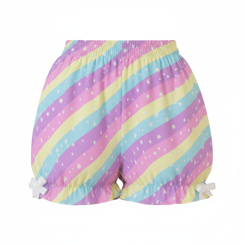 Kawaii Harajuku fashion Jfashion Japanese street fashion Decora kei uchuu kei  fairy kei yume kawaii Cutecore jojifuku heisei retro era colorful Starry Party Rainbow Bloomer Shorts Pastel rainbow style cute stars dopamine dressing shooting stars