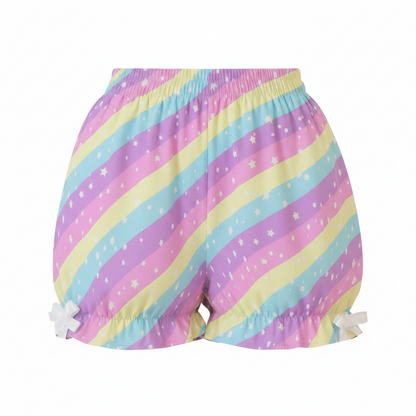 Kawaii Harajuku fashion Jfashion Japanese street fashion Decora kei uchuu kei  fairy kei yume kawaii Cutecore jojifuku heisei retro era colorful Starry Party Rainbow Bloomer Shorts Pastel rainbow style cute stars dopamine dressing shooting stars
