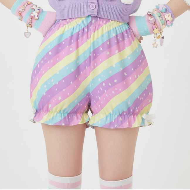 Kawaii Harajuku fashion Jfashion Japanese street fashion Decora kei uchuu kei  fairy kei yume kawaii Cutecore jojifuku heisei retro era colorful Starry Party Rainbow Bloomer Shorts Pastel rainbow style cute stars dopamine dressing shooting stars