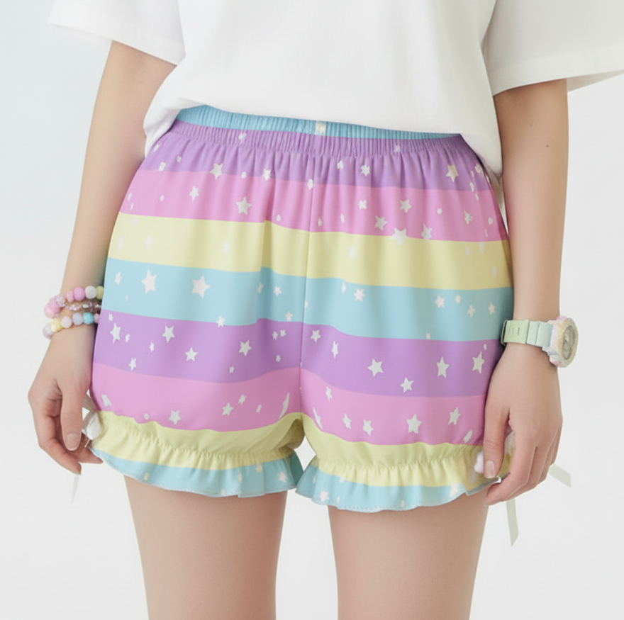 Kawaii Harajuku fashion Jfashion Japanese street fashion uchuu kei  fairy kei yume kawaii Cutecore jojifuku heisei retro era Starry Party Rainbow Bloomer Shorts Pastel rainbow style cute stars dopamine dressing colorful 