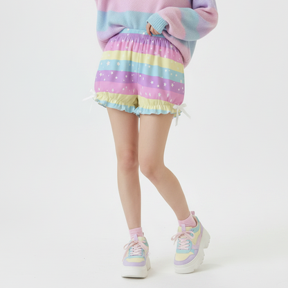 Kawaii Harajuku fashion Jfashion Japanese street fashion uchuu kei  fairy kei yume kawaii Cutecore jojifuku heisei retro era Starry Party Rainbow Bloomer Shorts Pastel rainbow style cute stars dopamine dressing colorful 