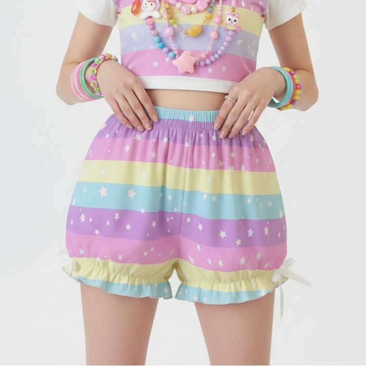 Kawaii Harajuku fashion Jfashion Japanese street fashion uchuu kei  fairy kei yume kawaii Cutecore jojifuku heisei retro era Starry Party Rainbow Bloomer Shorts Pastel rainbow style cute stars dopamine dressing colorful 