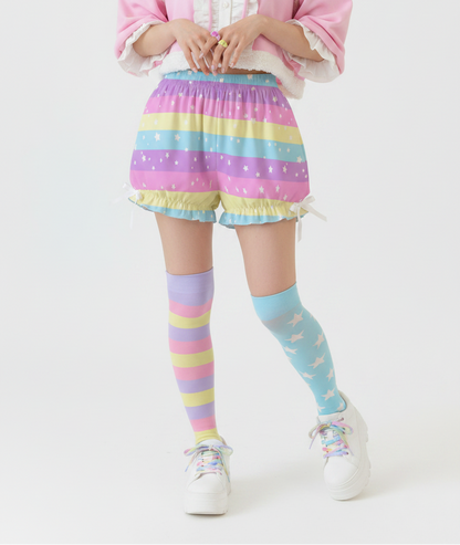 Kawaii Harajuku fashion Jfashion Japanese street fashion uchuu kei  fairy kei yume kawaii Cutecore jojifuku heisei retro era Starry Party Rainbow Bloomer Shorts Pastel rainbow style cute stars dopamine dressing colorful 