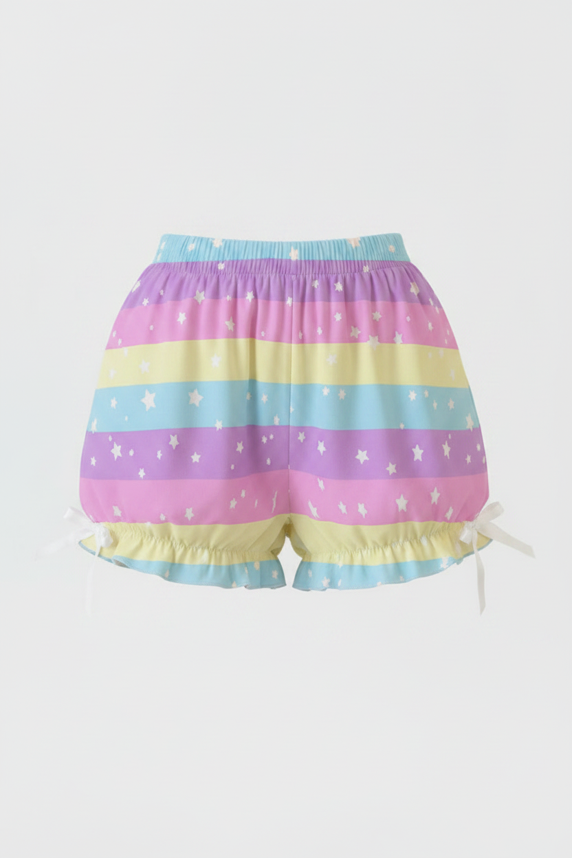 Kawaii Harajuku fashion Jfashion Japanese street fashion uchuu kei  fairy kei yume kawaii Cutecore jojifuku heisei retro era Starry Party Rainbow Bloomer Shorts Pastel rainbow style cute stars dopamine dressing colorful 