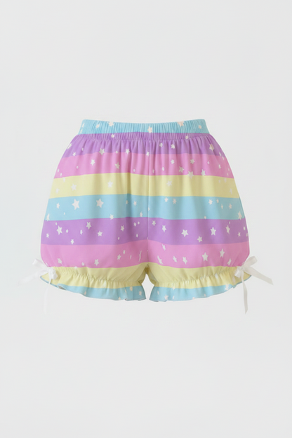 Kawaii Harajuku fashion Jfashion Japanese street fashion uchuu kei  fairy kei yume kawaii Cutecore jojifuku heisei retro era Starry Party Rainbow Bloomer Shorts Pastel rainbow style cute stars dopamine dressing colorful 