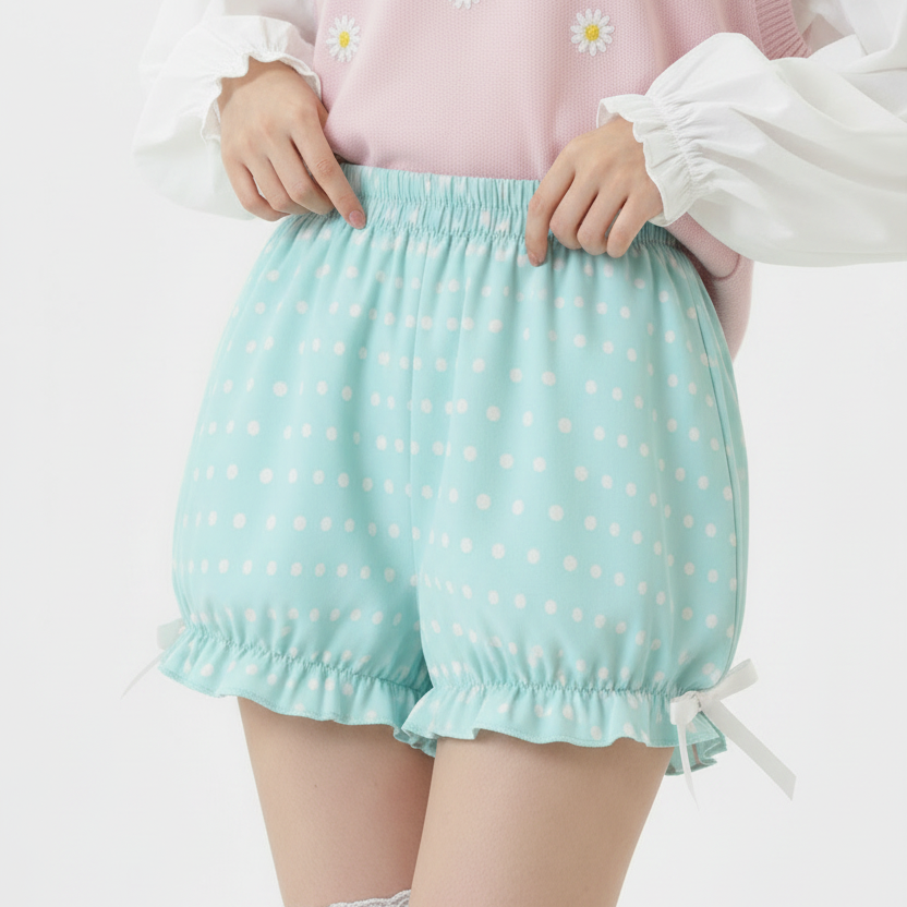 Kawaii Jfashion Japanese street fashion fairy kei yume kawaii Cute Polka Dots Bloomer Shorts (Fairy Kei Pastel Blue) dreamy pastel cutecore jojifuku heisei retro lightweight breathable Bows aqua