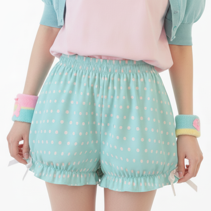 Kawaii Jfashion Japanese street fashion fairy kei yume kawaii Cute Polka Dots Bloomer Shorts (Fairy Kei Pastel Blue) dreamy pastel cutecore jojifuku heisei retro lightweight breathable Bows aqua